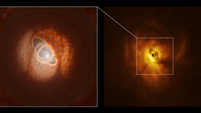 Nuevas observaciones muestran discos de formación planetaria destrozados por sus tres estrellas centrales